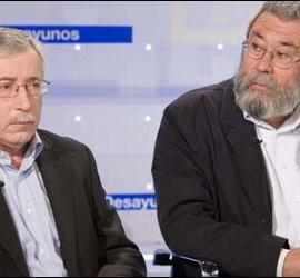 Pantallazo de Cándido Méndez y Ignacio Fernández Toxo en 'Los desayunos de TVE'.