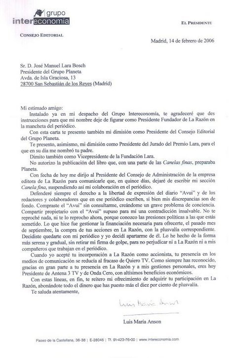 Carta de Anson al Presidente de Planeta