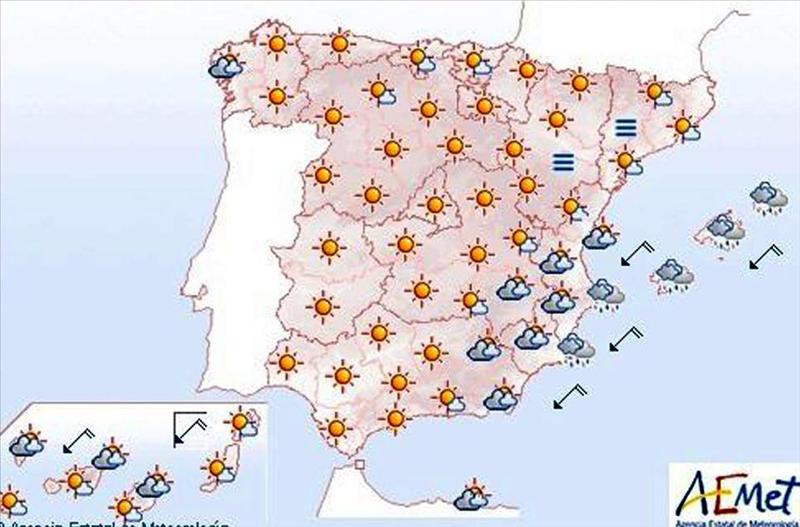 Lluvias en Baleares, Valencia y Alicante para mañana y despejado en el resto