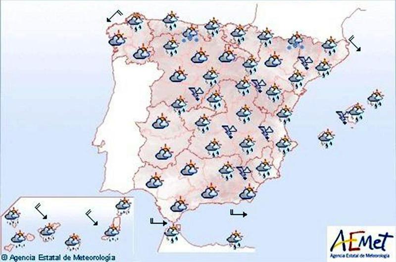 Ma&ntilde;ana, chubascos fuertes en Baleares y levante, y nevadas en el extremo norte
