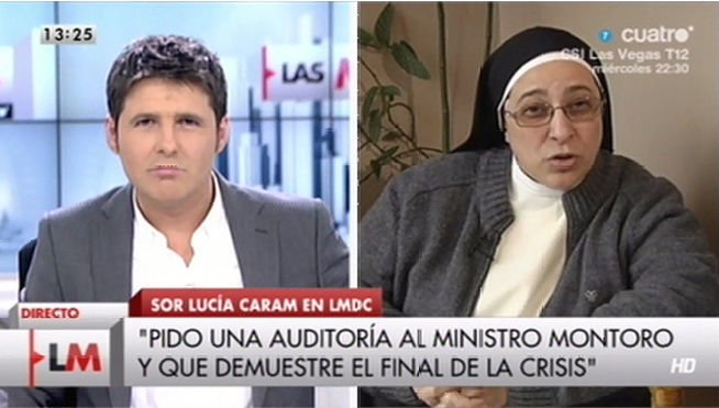 El 'serm&oacute;n' de Sor Luc&iacute;a contra Rajoy en la Cuatro TV de Cintora desata el cachondeo en Twitter