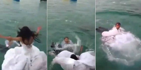 [V&iacute;deo] La mujer que se ahoga en el mar por culpa de su vestido de novia
