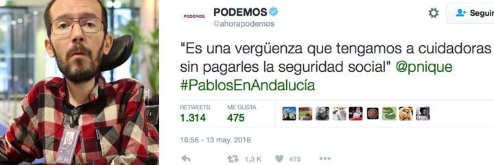 Pablo Echenique y una captura del tuit de mayo de 2016.