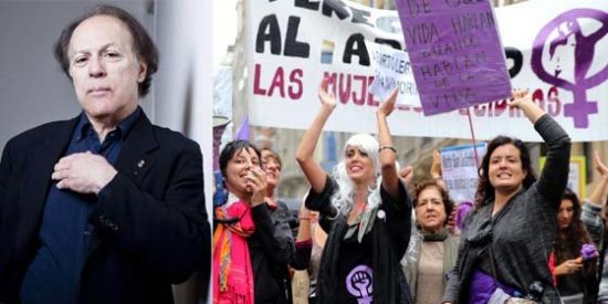 Javier Mar&iacute;as y una manifestaci&oacute;n feminista.