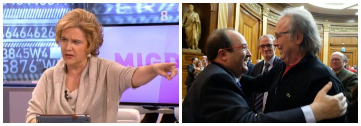 Pilar Rahola entra en modo 'esquizofrenia total' al ver el abrazo entre Serrat e Iceta mientras entalegaban a Forcadell