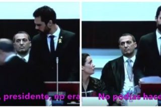 Roger Torrent, siendo reconvenido por la decana del Colegio de Abogados de Catalu&ntilde;a.