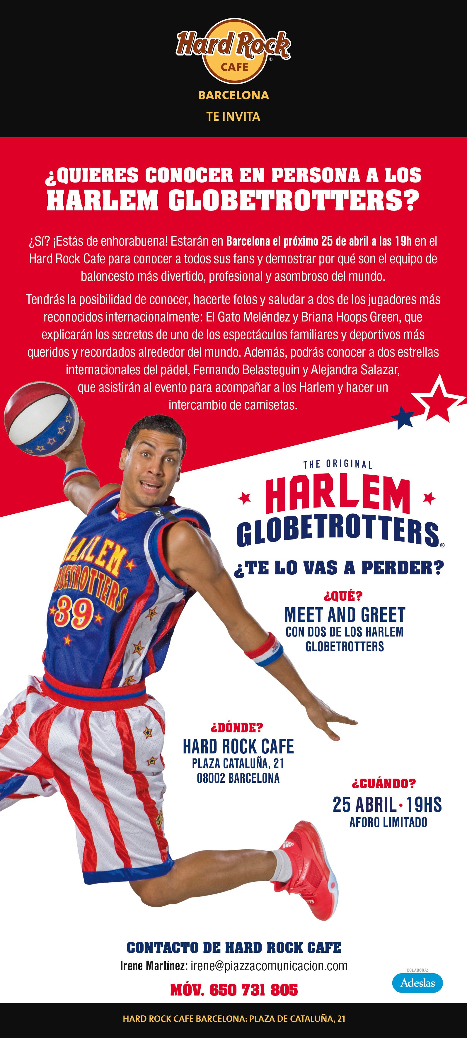 El pr&oacute;ximo mi&eacute;rcoles 25 de Abril a las 19.00h. tendr&aacute; lugar la presentaci&oacute;n de los HARLEM GLOBETROTTERS en el HARD ROCK CAFE de Plaza Catalunya, Barcelona