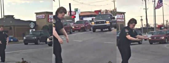 La agente Diane Lewis para el tr&aacute;fico para ayudar a cruzar la calle a la familia de patos