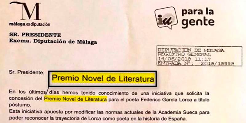 Los 'intelectuales' de IU piden el 'Novel de Literatura' para Garc&iacute;a Lorca con una falta de ortograf&iacute;a acongojante