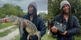  El estilista Law Roach con el cocodrilo, antes y despues, ya convertido en cartera.
