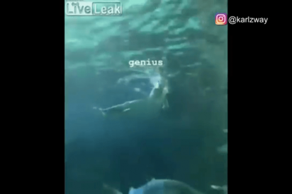 Este hombre se desnuda y sumerge en un acuario lleno de tiburones
