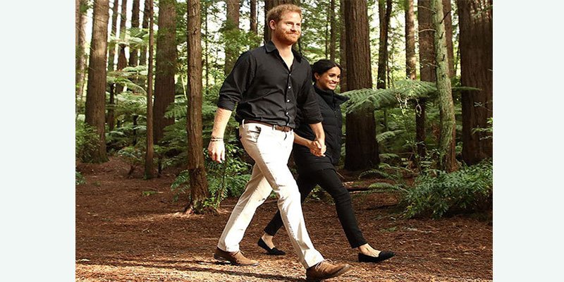 Meghan Markle y el pr&iacute;ncipe Harry caminan de la mano por el bosque (rojo)