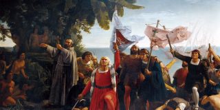 Primer desembarco de Cristóbal Colón en América, óleo de 1862 de Dióscoro Teófilo Puebla (1831-1901), en el Ayuntamiento de La Coruña