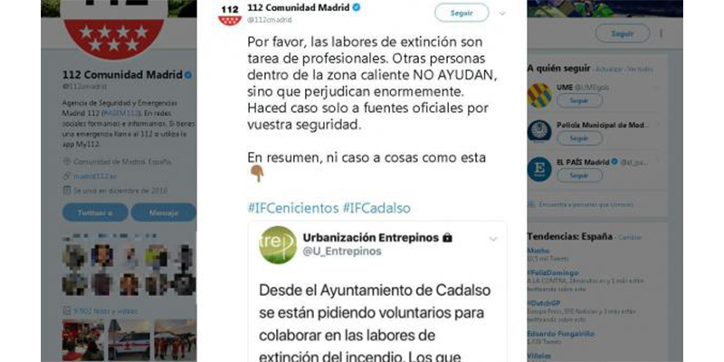La Comunidad de Madrid insiste en que no se difundan bulos y que nadie se presente voluntario para apagar fuegos