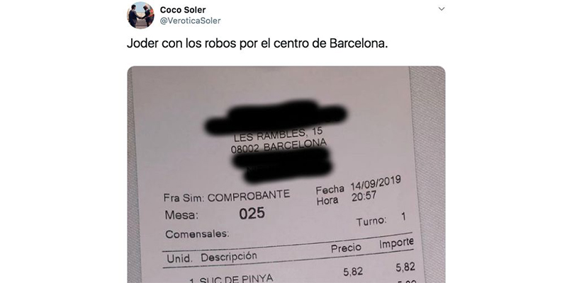 El mega &lsquo;sablazo' a unos clientes en un bar de Barcelona deja perplejos a miles de usuarios en Twitter