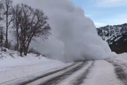 Momento exacto en el que una impresionante avalancha cubre de nieve una carretera