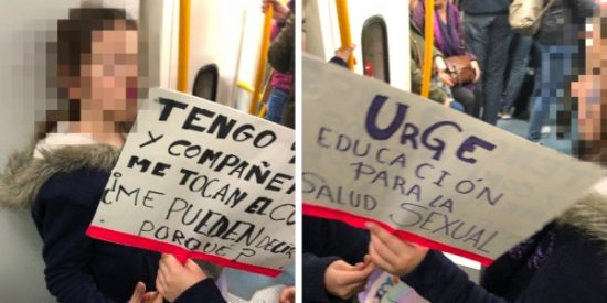 Ni&ntilde;as de nueve a&ntilde;os con carteles exigiendo educaci&oacute;n sexual "porque nos tocan el culo" en la marcha 'feminazi' del 8-M