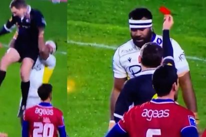 El gigantesco jugador de rugby levanta como un mu&ntilde;eco al arbitro para celebrar la victoria de su equipo