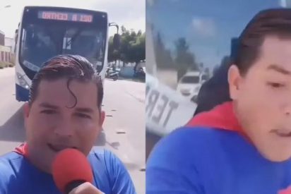 El dram&aacute;tico instante en que 'Superman' intenta detener un autob&uacute;s con la mano y el truco le sale mal