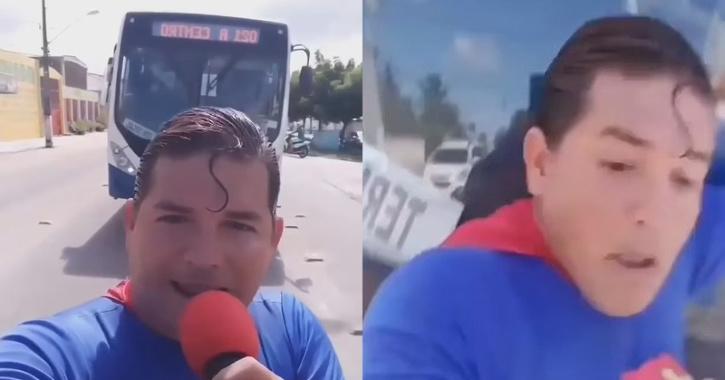 El dram&aacute;tico instante en que 'Superman' intenta detener un autob&uacute;s con la mano y el truco le sale mal