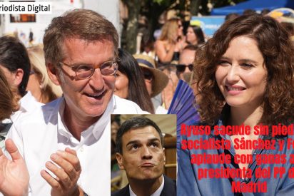Isabel D&iacute;az Ayuso sacude sin piedad al socialista S&aacute;nchez y Feij&oacute;o aplaude con ganas a la presidenta del PP de Madrid