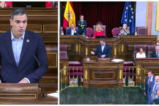 Pedro S&aacute;nchez viendo la entrada de los diputados de VOX.
