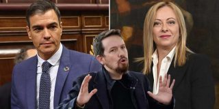Giorgia Meloni junto a Pedro S&aacute;nchez y Pablo Iglesias