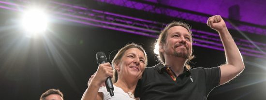 Yolanda Díaz y Pablo Iglesias, en un acto electoral de Podemos.
