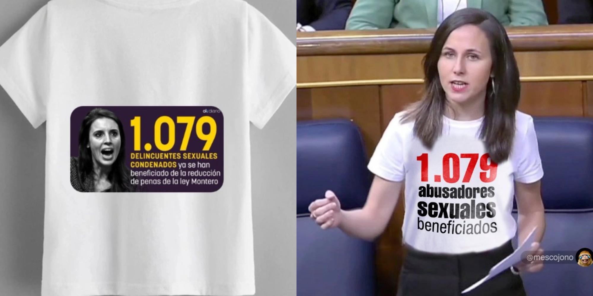 Montajes con camisetas de los beneficiados por la ley de Irene Montero con su solo s&iacute; es s&iacute;.
