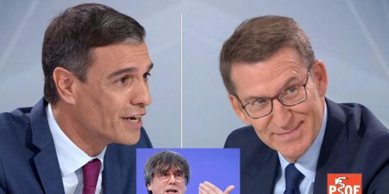 Sánchez (PSOE), Puigdemont (JUNTS) y Feijóo (PP)