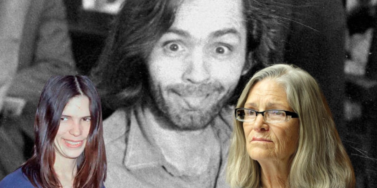 Leslie Van Houten de joven y en la actualidad con Charles Manson al fondo.