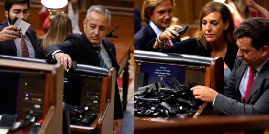 Los parlamentarios de VOX dejan los pinganillos en el escaño de Pedro Sánchez.