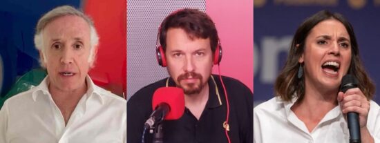 Eduardo Inda, Pablo Iglesias e Irene Montero.