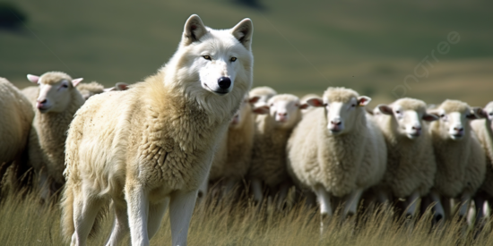 Lobo disfrazado de cordero en medio del rebaño de ovejas