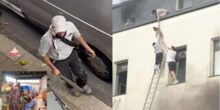 El sirio con su machete y vecinos de las casas incendiadas.