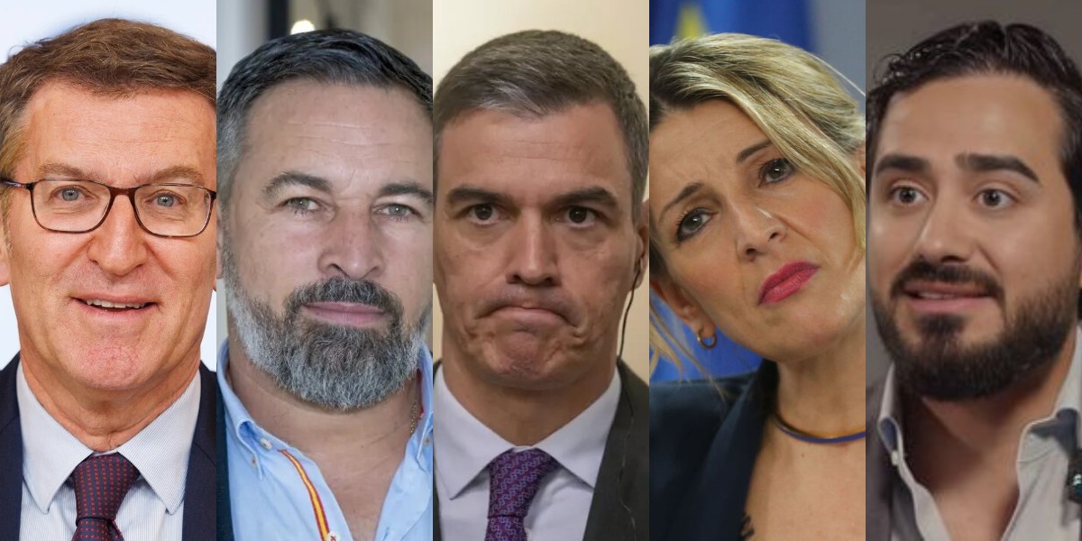 Alberto N&uacute;&ntilde;ez Feij&oacute;o, Santiago Abascal, Pedro S&aacute;nchez, Yolanda D&iacute;az y Alvise P&eacute;rez.