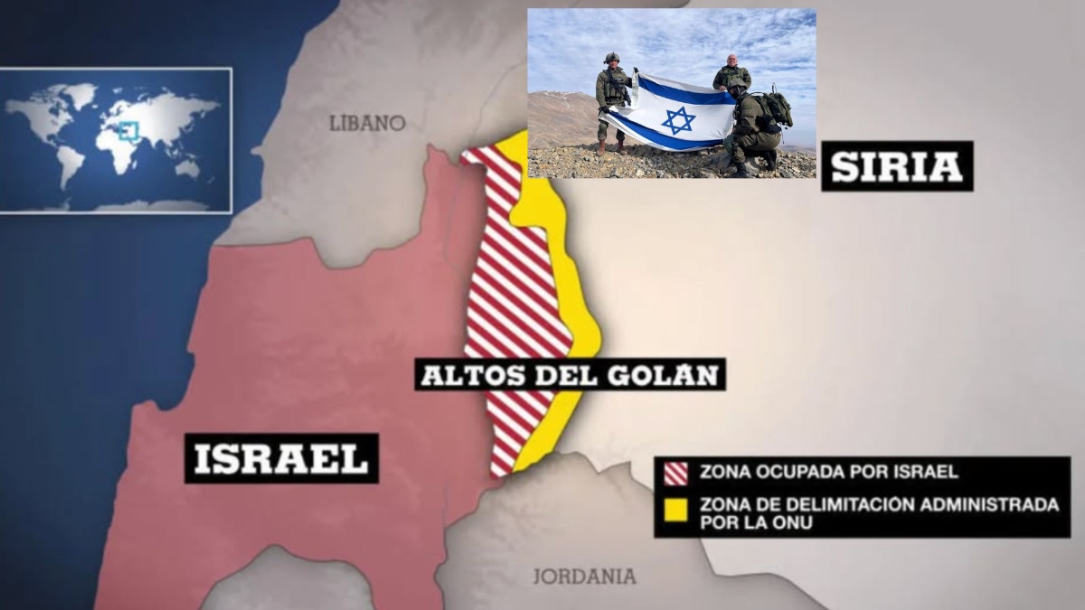 Mapa de la Oriente Pr&oacute;ximo y soldados de Israel en la cumbre del Monte Herm&oacute;n
