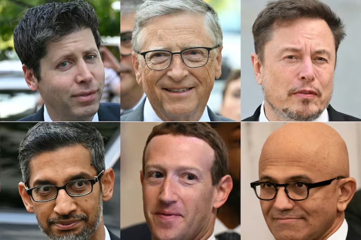 Sam Altman (CEO de OpenAI); Bill Gates (fundador de Microsoft, virtual dueña de OpenAI); Elon Musk (fundador de X.ai); Sundar Pichai (CEO de Google); Mark Zuckerberg (el CEO de Facebook), y Satya Nadella (CEO de Microsoft)