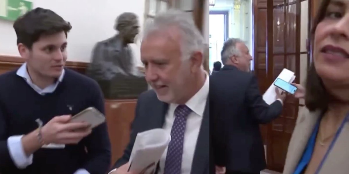 Vito Quiles entrevistando a &Aacute;ngel V&iacute;ctor Torres y la periodista de laSexta pidiendo al c&aacute;mara que deje de grabar.