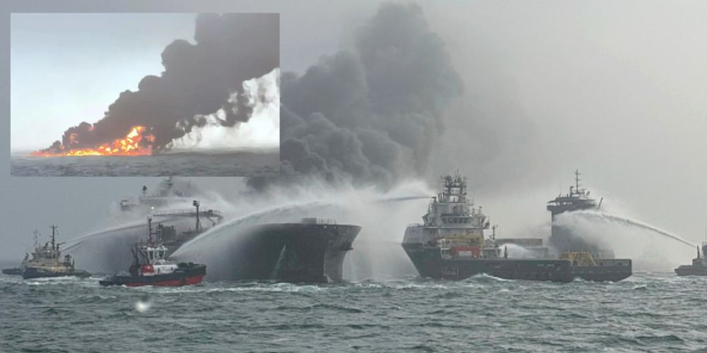 Choque e incendio de un petrolero y un carguero en alta mar.