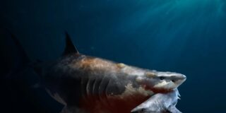 Megalodón prehistórico devorando a un tiburón