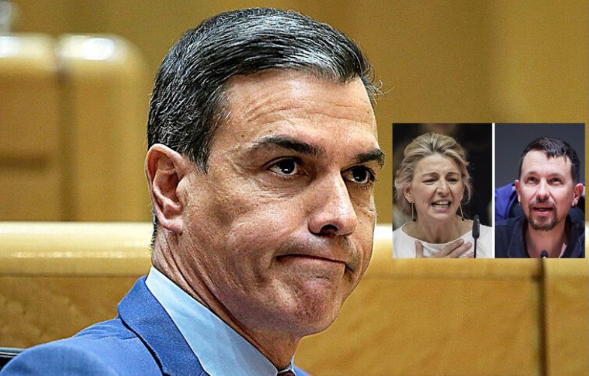 Pedro S&aacute;nchez (PSOE), Yolanda D&iacute;az (SUMAR) y Pablo Iglesias (PODEMOS)