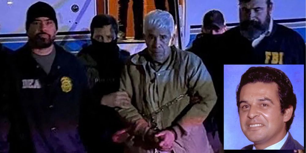 Rafael Caro Quintero escoltado por agentes del FBI y el rsotro de Kiki Camarena