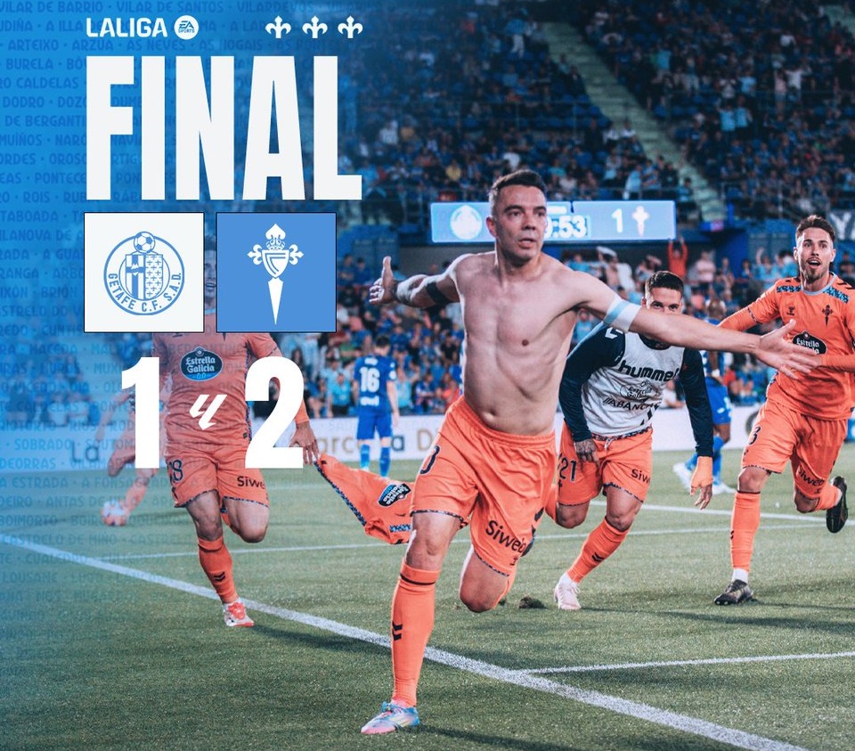 Iago Aspas celebra con sus compañeros el gol que le da al Celta pase a Europa League