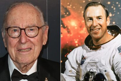 El astronauta Jim Lovell, ahora y cuando pilotó el Apollo 13
