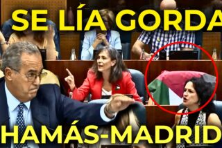 El presidente de la Asamblea sofoca la payasada de una diputada de 'Hamas' Madrid con la bandera palestina