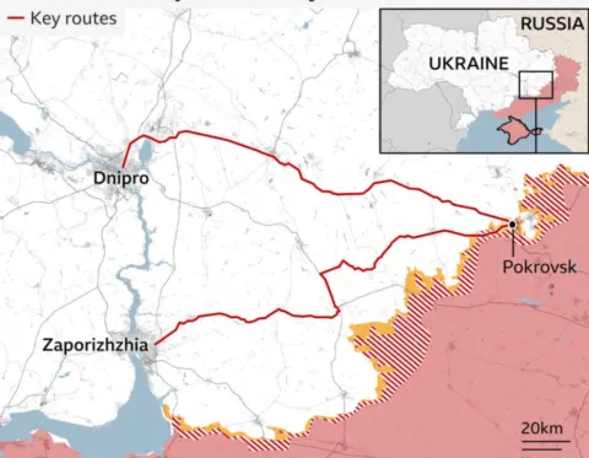 La batalla de Pokrovsk y en amarillo las ultimas conquistas rusas