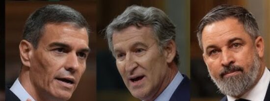 Sánchez (PSOE), Feijóo (PP) y Abascal (VOX)