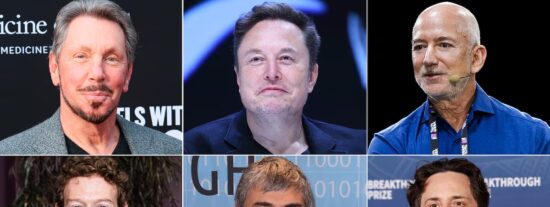 Desde arriba a la izquierda Larry Ellison, Elon Musk, Jeff Bezos, Mark Zuckerberg, Larry Page y Sergey Brin