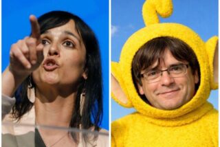 La l&iacute;der de Alian&ccedil;a Catalana, S&iacute;lvia Orriols, y Carles Puigdemont de Teletubbie